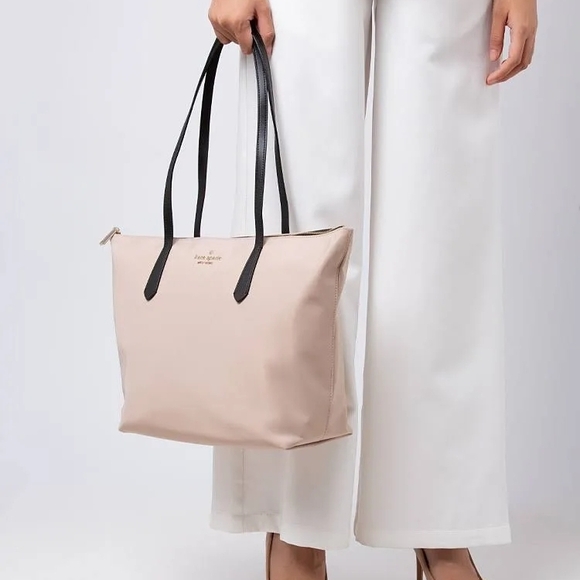 Kate Spade Kitt Colorblock Warm Beige Large Nylon Tote With Dustbag NWT - Picture 3 of 12